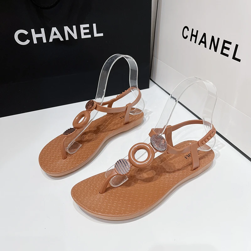 Summer New Flat Shoes Women\'s National One Word Buckle Beach Sandals Soft Soled Herringbone Sandals for Women