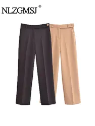 TRAF 2023 Autumn Women Fashion Side Pockets Full Length Pleated Straight Pants Vintage Zipper Fly Female Trousers Mujer