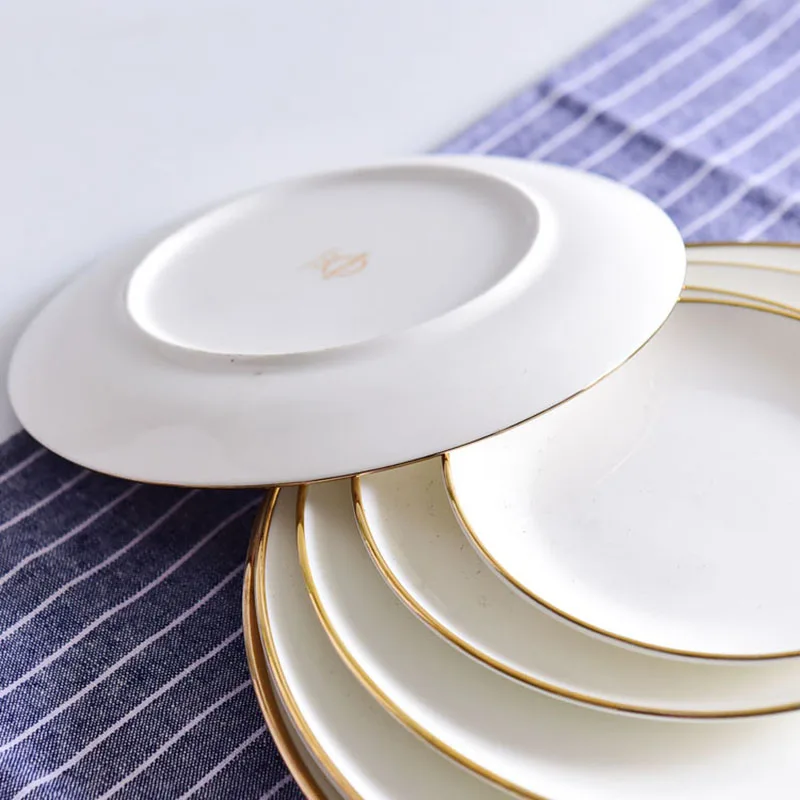 Household Ceramic Plate Round White Gold Rim Shallow Dish Holiday Gift Breakfast Salad Tray Dinner Steak Dishes Tableware