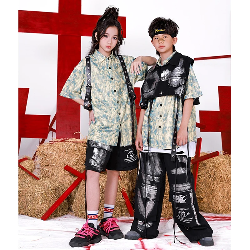 Kinder Hip Hop Dance Kostüm Jungen Street Dance Kleidung Kurzarm Hemd Hiphop Hosen Mädchen Konzert Laufsteg Show Outfits L15487