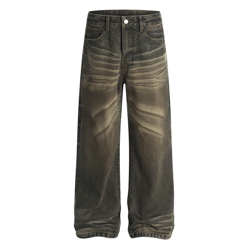Back Button Decoration Men's Jeans Washing Contrast Color Niche Design Mud-dying Loose Straight Leg Male Denim Pants