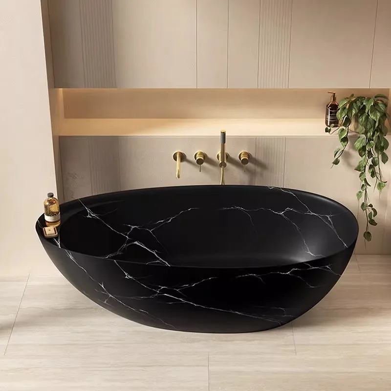 Freestanding Artificial Stone Bathtub Black Marble Texture Ergonomic Anti Yellowing Heat Preservation For Bathroom Hotel Villa
