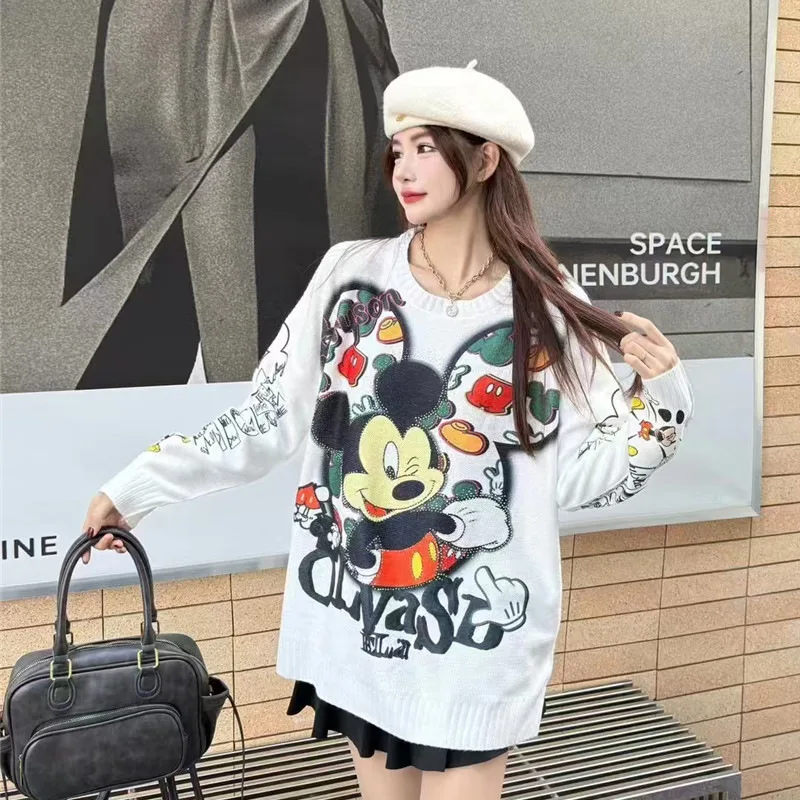 Cartoon Print Strass Rundhals Langarm Pullover Pullover für Frauen Süße Nette Lose Fit Herbst Winter Gestrickte Pullover