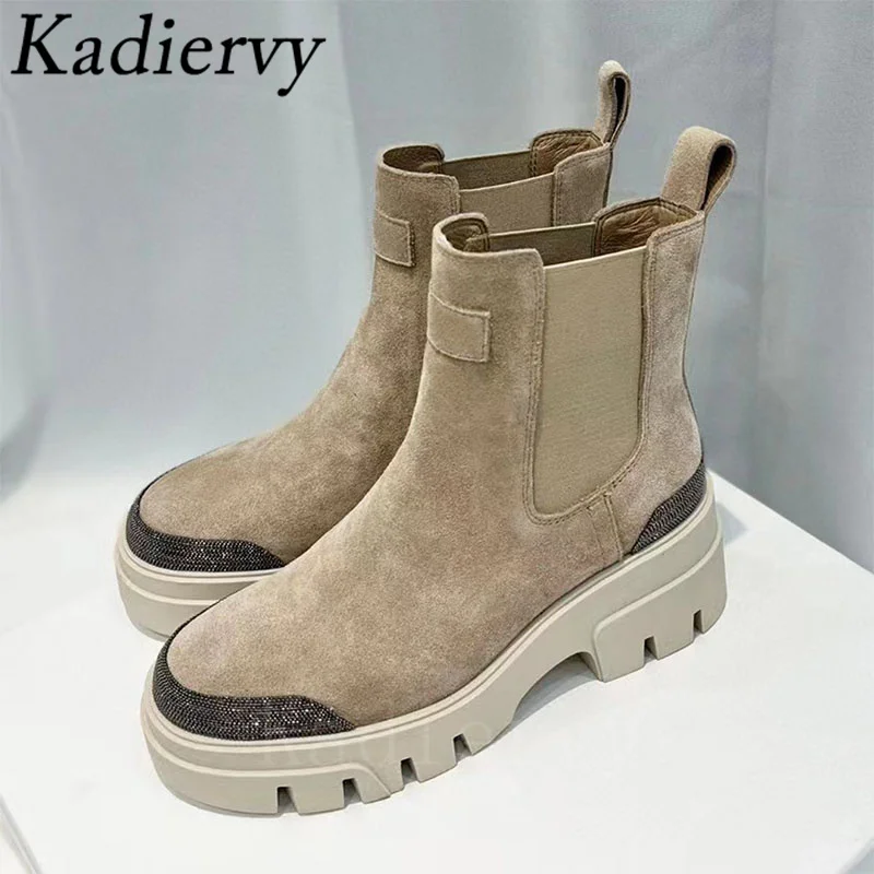 Thick Sole Motorcycle Boots Women Round Toe Slip-on Ankle Boots String Bead Flat Shoes Women Luxury Cow Suede Short Boots Woman