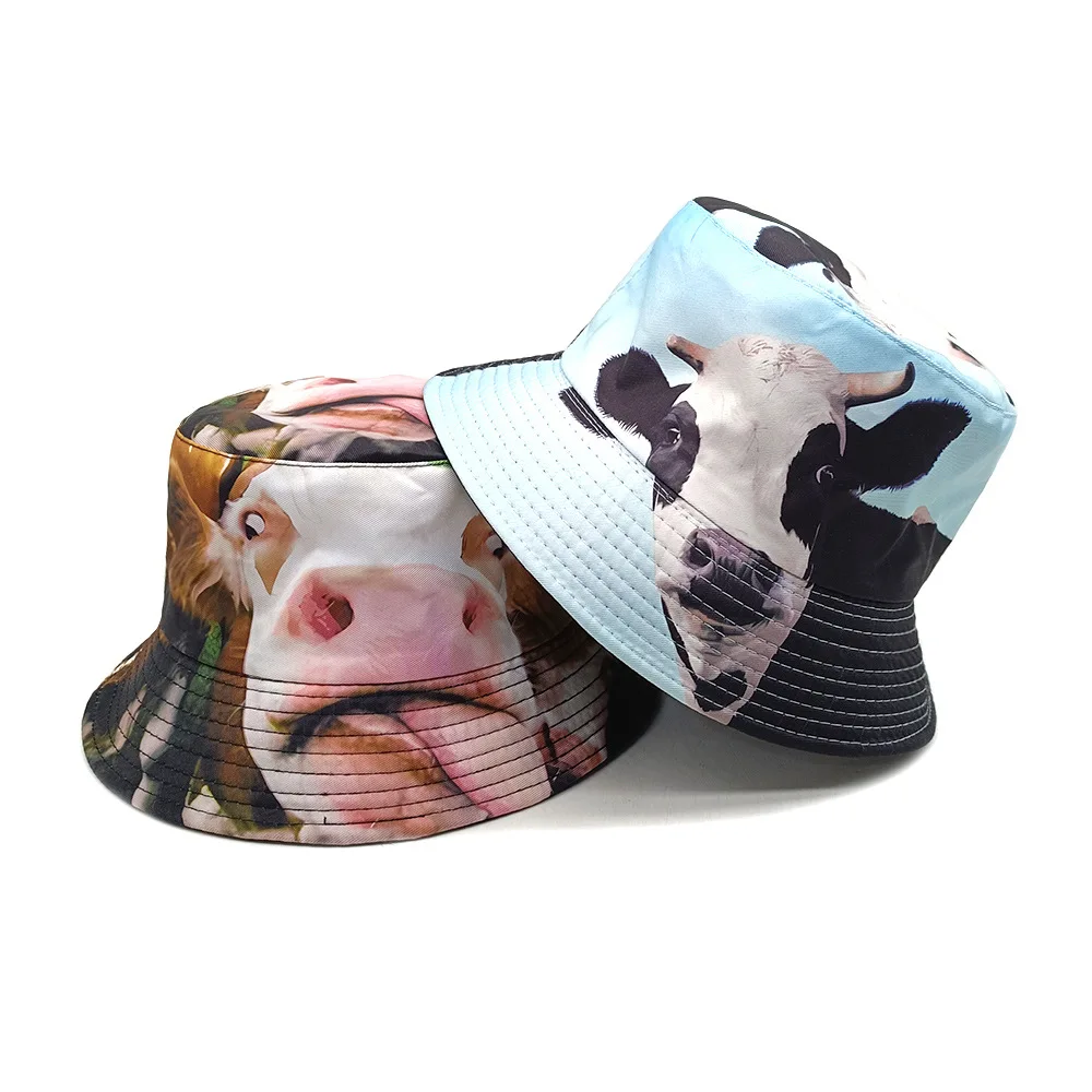 Sombrero de Pescador con Estampado de Vaca, para Verano, Protección Solar, para Hombre y Mujer, Reversible, con Diseño de Animales