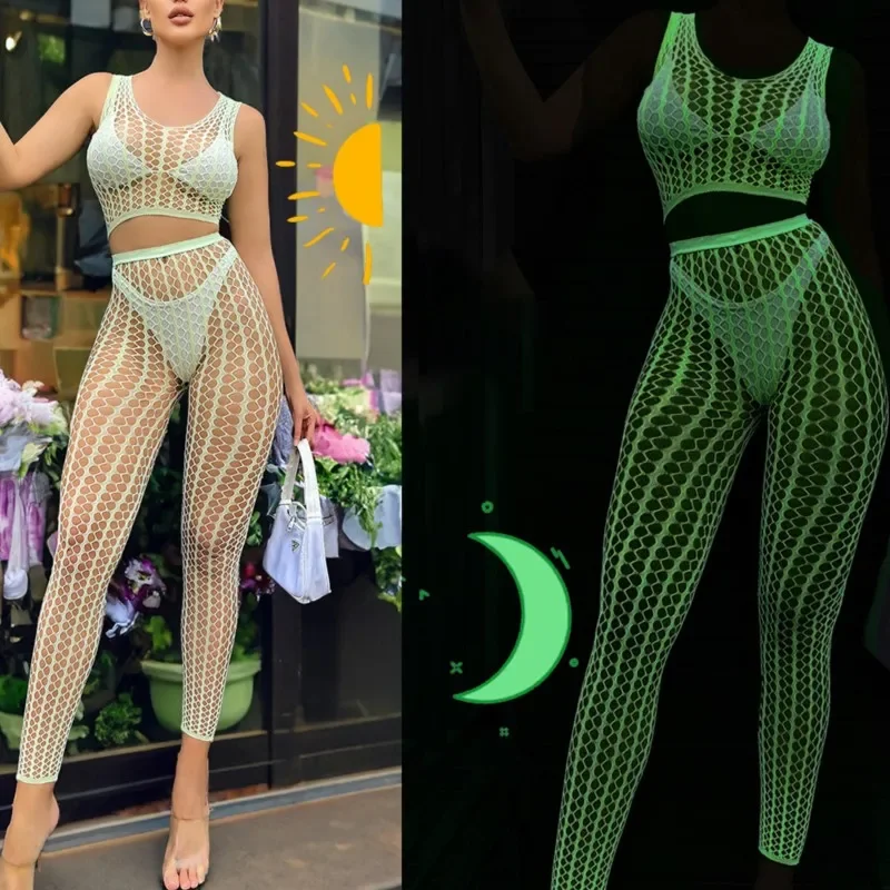 

Bodysuit Fluorescent green night light flirting hollow out two-piece set of mesh socks erotic lingerie woman bodystocking Tights