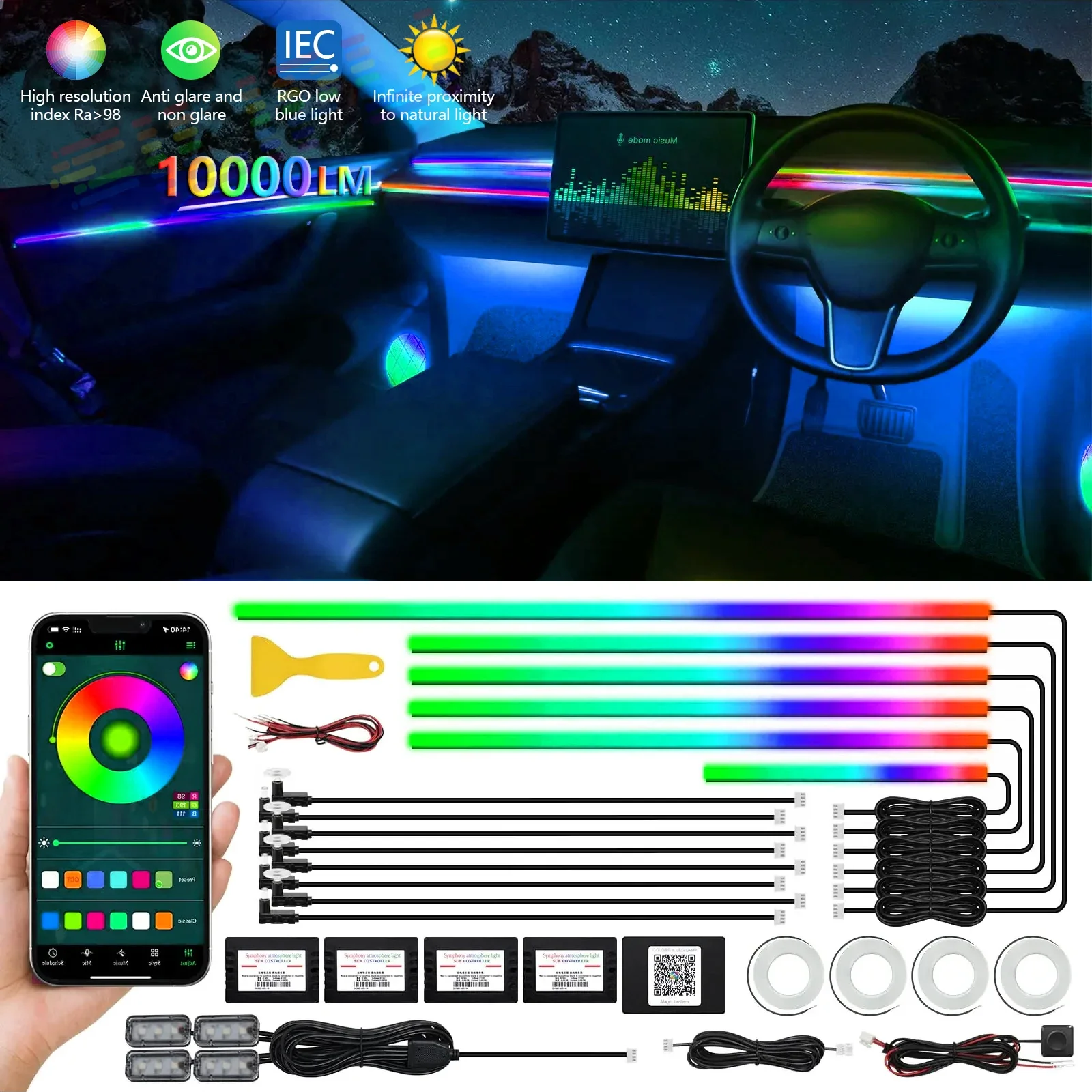 

22 In 1 Full Color Streamer Car Ambient Lights RGB 64 Color Universal LED Interior Hidden Acrylic Strip Symphony Atmosphere Lamp