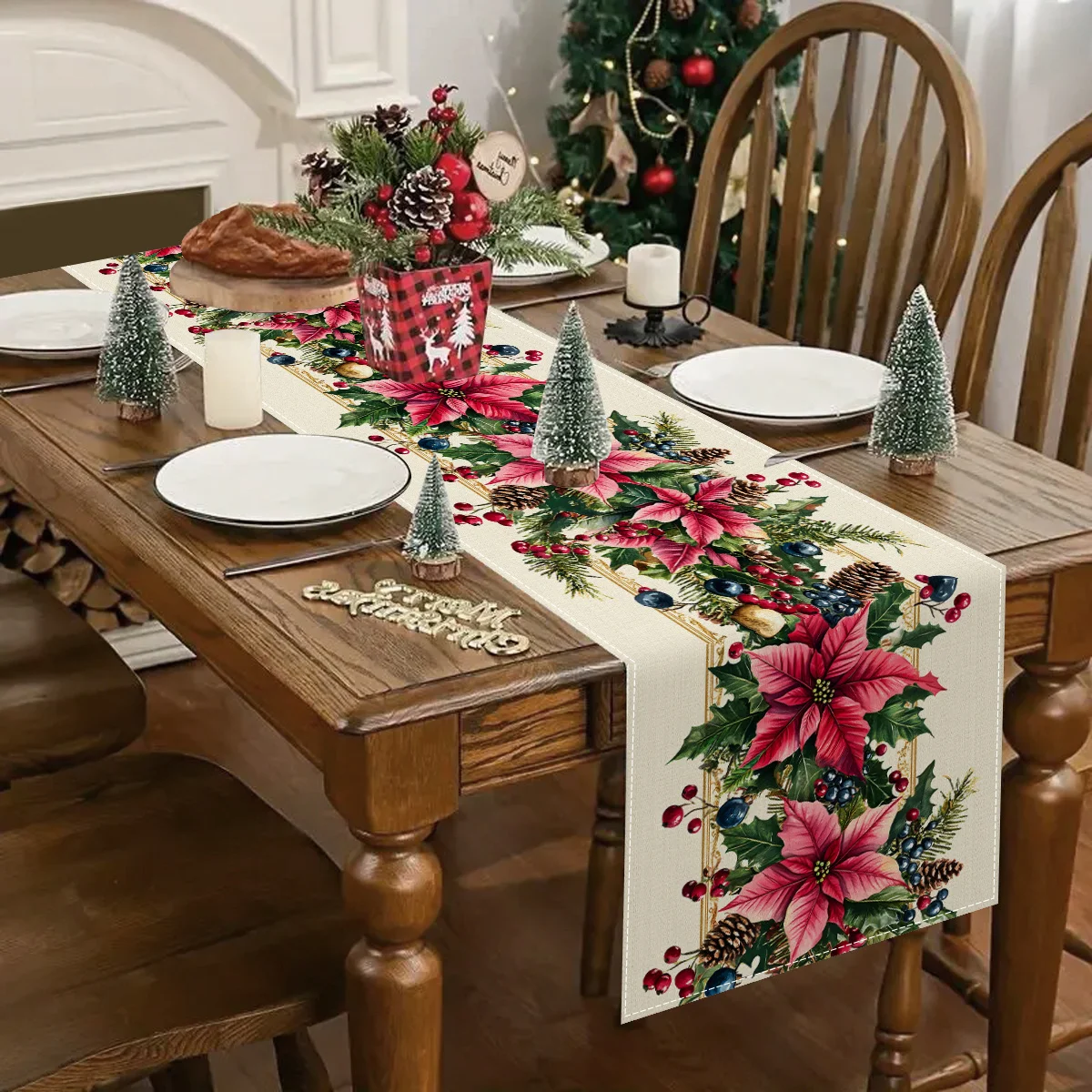 Merry Christmas Poinsettia Holly Berry Linen Table Runner Party Decor Winter Pine Cones Dining Table Runner Christmas Decoration