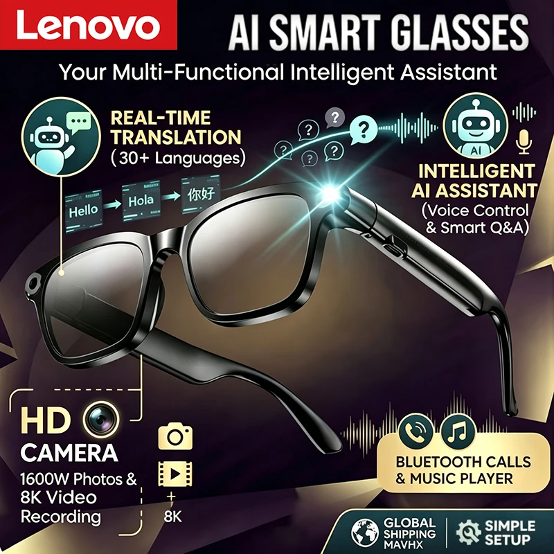 

Lenovo 1600MP Camera 8K HD Smart Glasses Chat GPT 260mAh Battery Bluetooth Call Voice Assistant Control Smart Glasses for Men