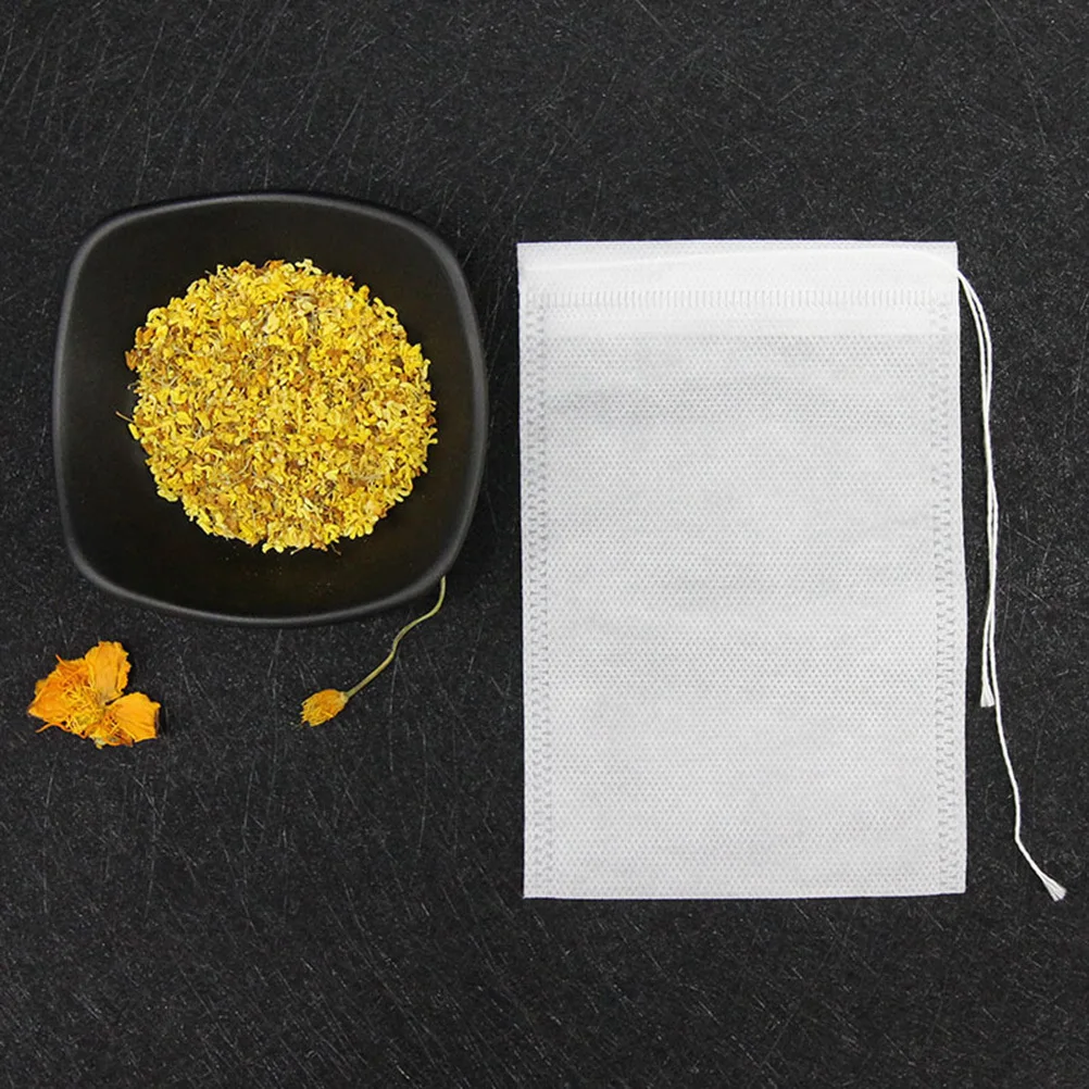 

200Pcs Non-Woven Tea Infusers Drawstring Design Portable for Tea Cups Coffee Spices Herbal Medicine Easy Use White