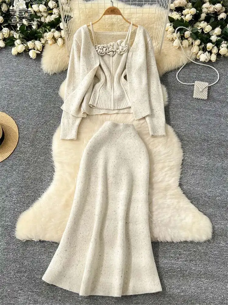 BabYoung delikatna gruba dzianina 3 szt. Garnitury jesień z długim rękawem luźny kardigan + 3D kwiat Camis + solidna spódnica moda damska ciepłe zestawy