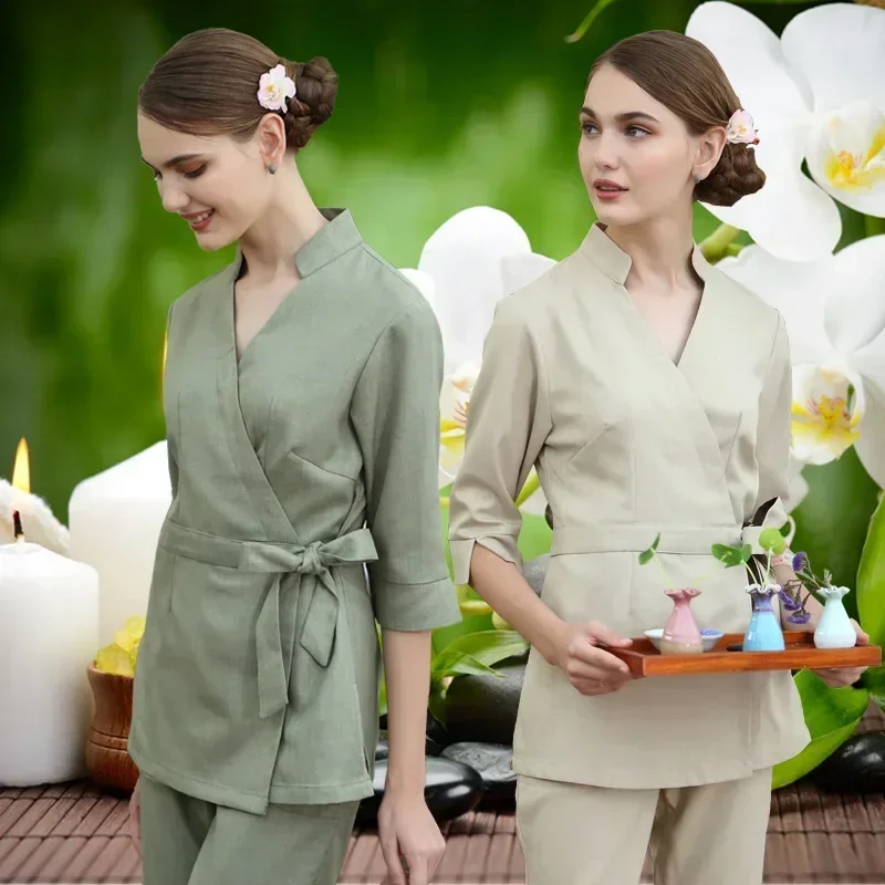 SPA Workwear 2Pcs Spring/Summer Beige Massage Work Uniform Sets Female Beautician Clothes Wholesales Beauty Clothing