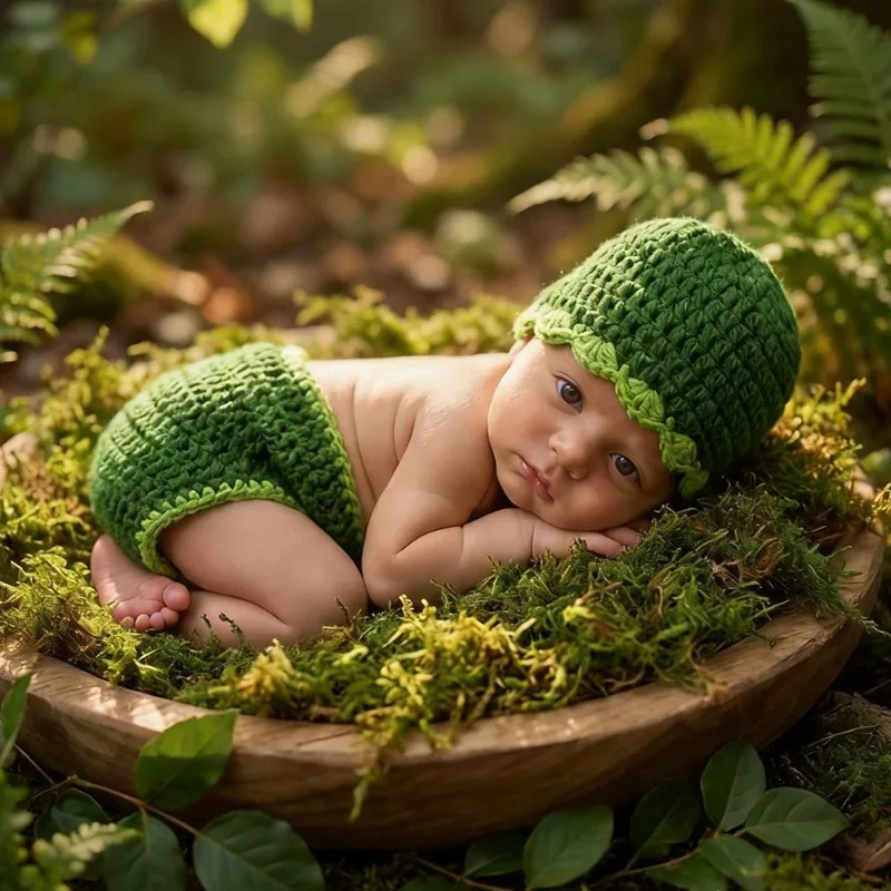 

Newborn Photography Props Green Crochet Hat Diaper Cover Set Woodland Baby Boy Girl Knitted Photo Shoot Outfit Accessories