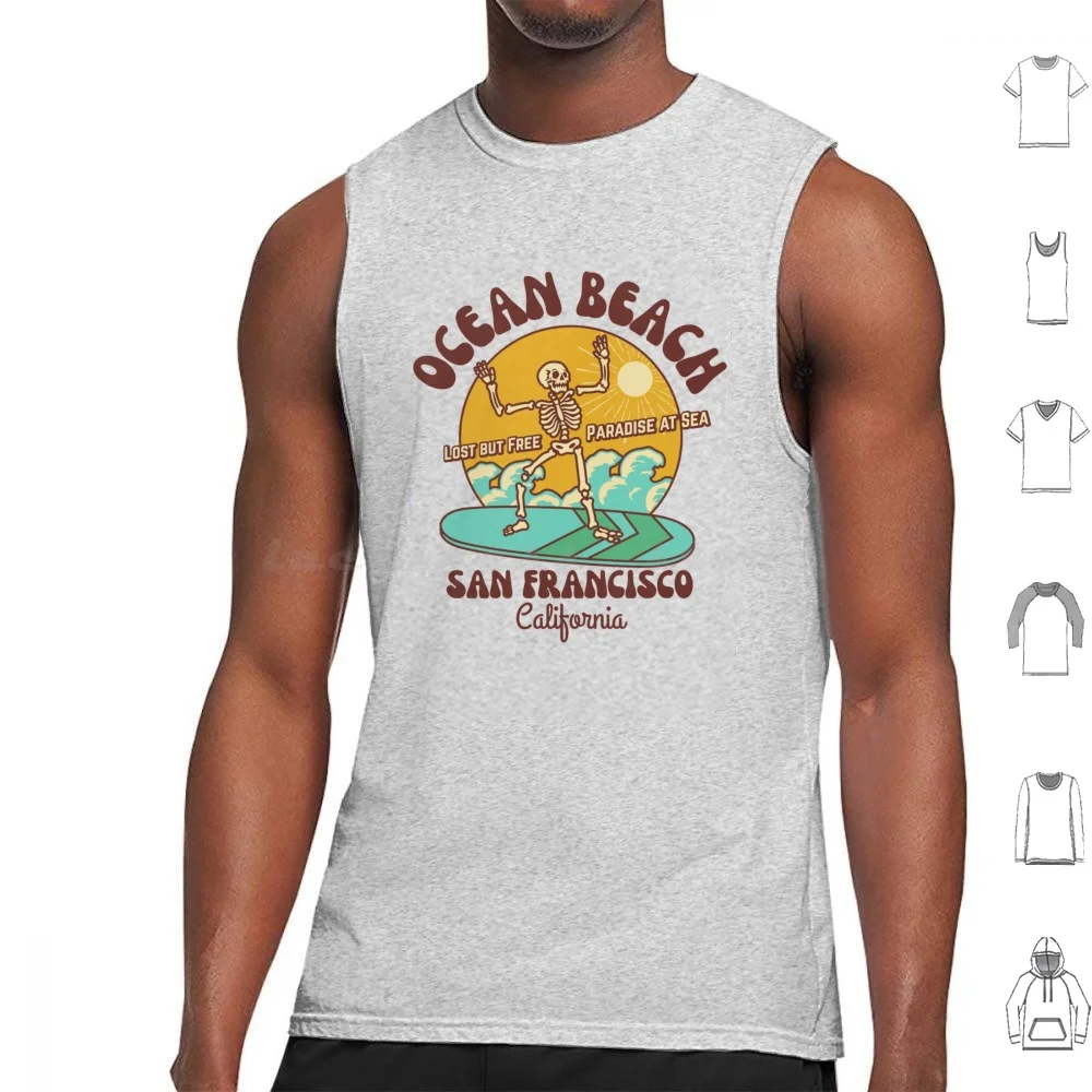 Retro Sixties Ocean Beach , San Francisco , California , Brown Text-Skeleton Beach / Skeleton Surf Tank Tops Print Cotton