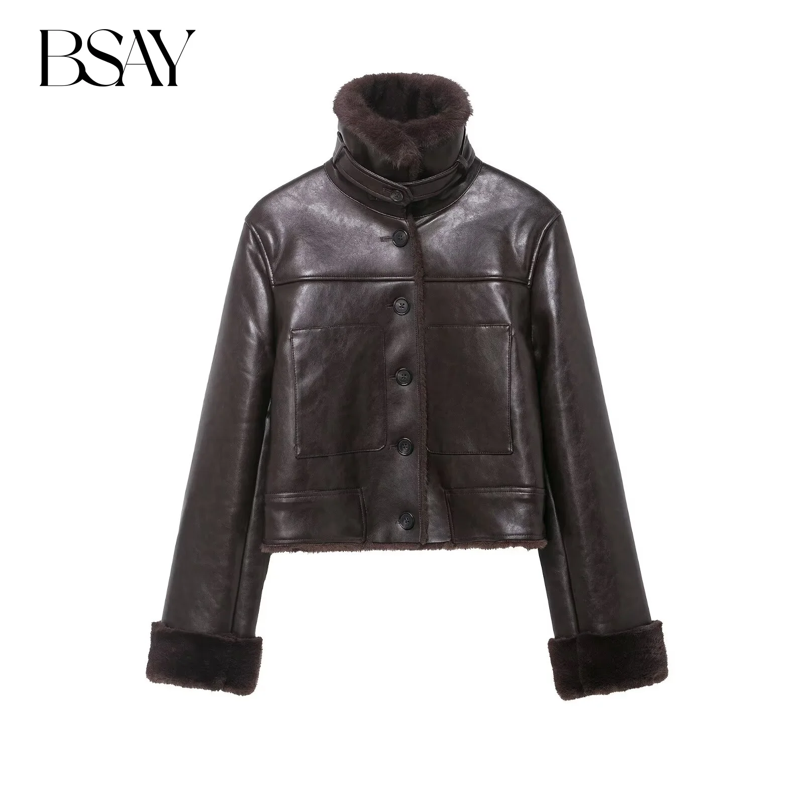 

BSAY Double Sided Faux Fur Jacket for Women Fashion Autumn Winter New Solid Color Long Sleeve Single Breasted Jackets Coat