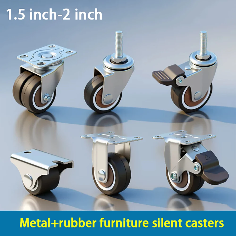 1Pcs Silent Office Wheels 1.5Inch 2Inch Furniture Metal Casters Single/Double Wheels Universal Wheels Brake Wheels Rubber Screws