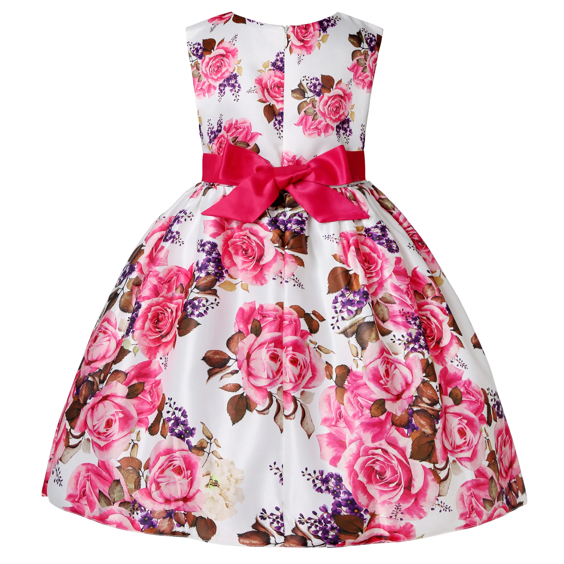 Summer Girls Pink Rose O Neck Ruffles Satin Princess Dress For Kids Performance Birthday Party Pageant Formal Evening Vestidos
