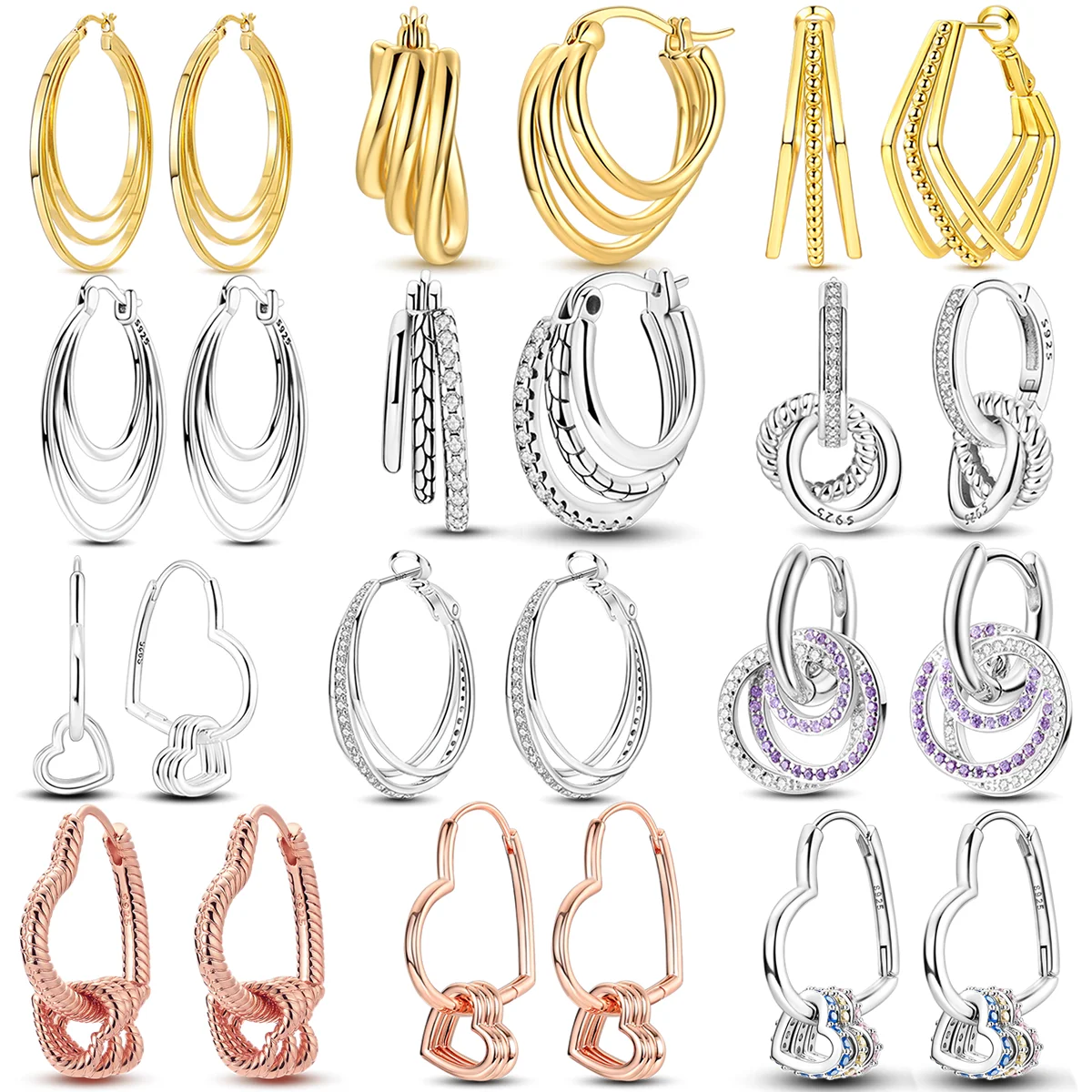 Pendientes de Plata de Ley 925 para Mujer, con Circonita Cúbica, Tres Aros, Pendientes Brillantes con Diseño Hueco, Regalo de Aniversario de Bodas