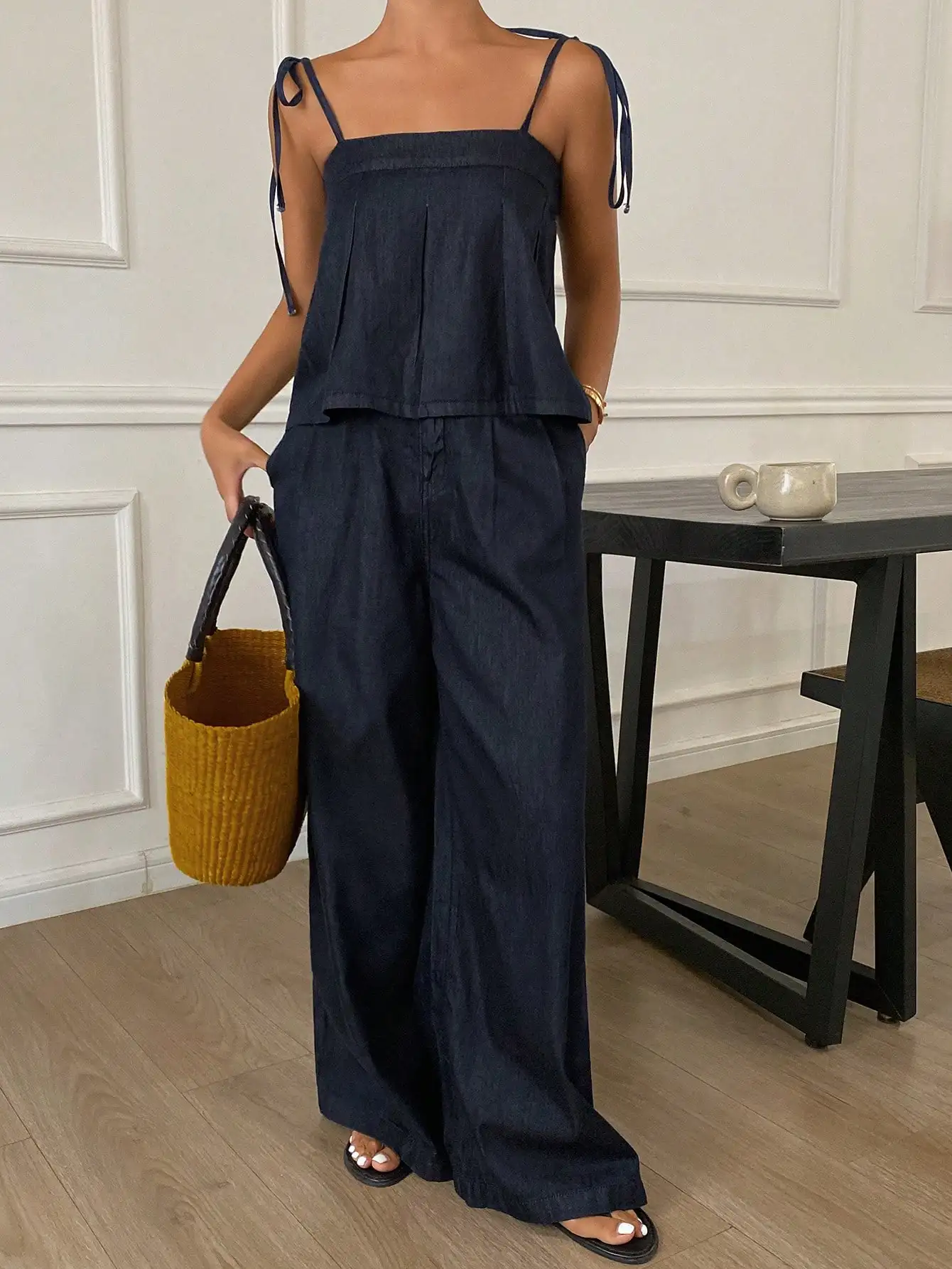 

Women Summer Strappy Ruffled Hem Loose Denim Pants Set Casual Outfit