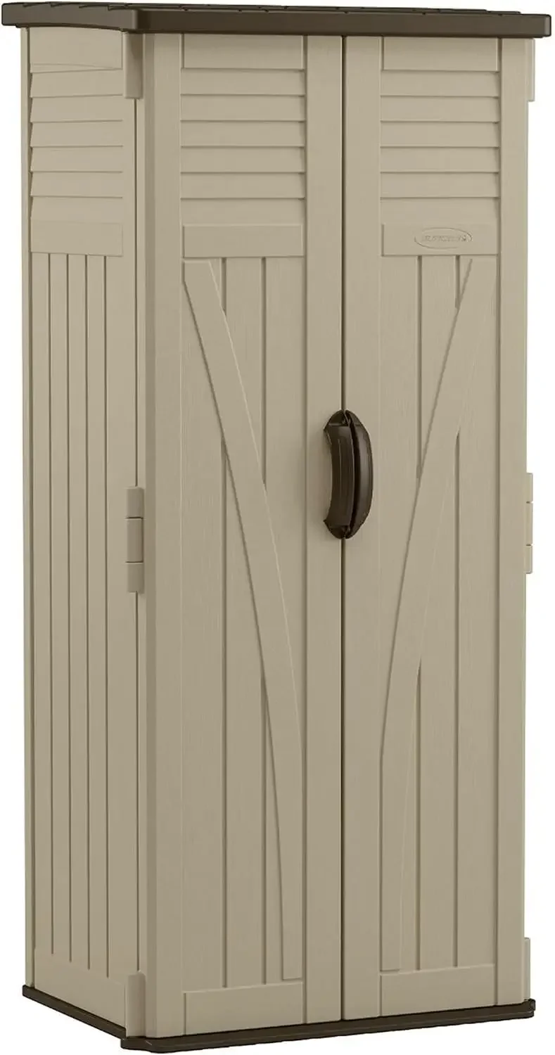 Vertical Shed, Compact Outdoor Storage System, 22 Cu. Ft. Capacity, Sand & Mustang - Lockable Multi-Wall Resin Organizer for Lon
