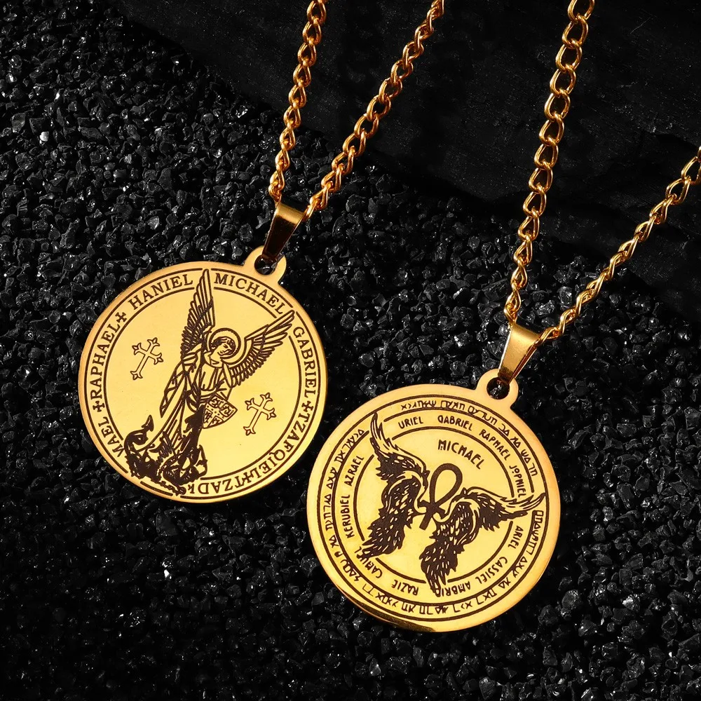 Archangel Michael Gabriel Raphael Haniel Round Pendant Necklace Vintage Stainless Steel Men Pendants Jewelry Fashion Accessories