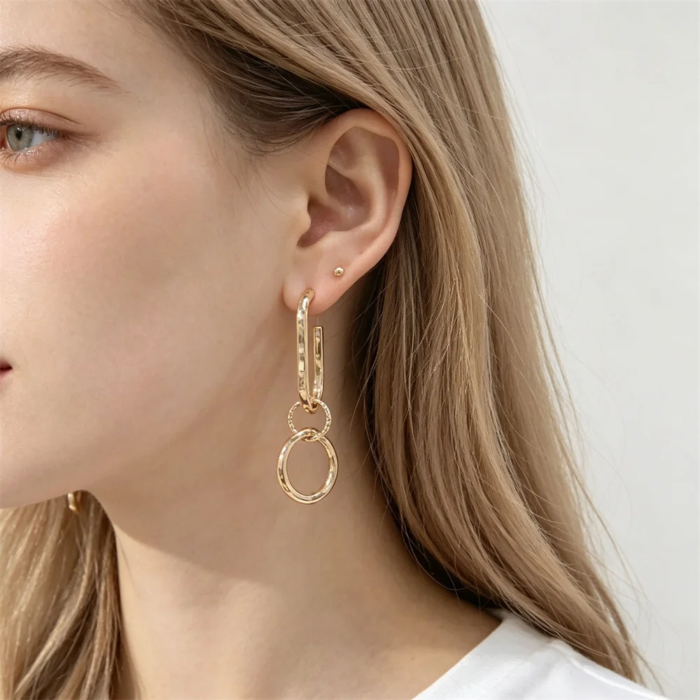 Casual Gold Color Plating Geometric Hammered Effect U Oval Linked Unbalanced Earrings For Women Girl Classic Daily Jewelry Gift