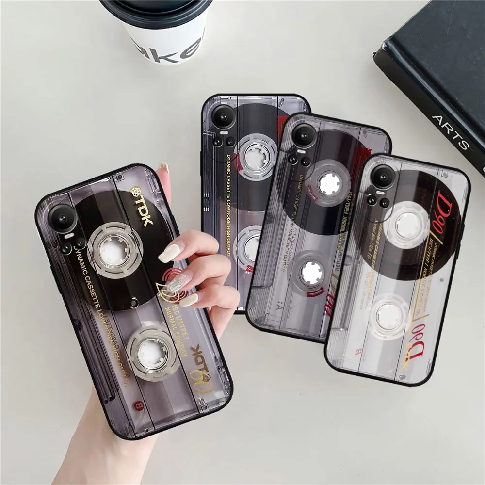 Retro Magnetic Radio Tape Cassette Phone Case For OPPO Reno 11 11F 10 8 8T 7 7Z 6 6Z 5 4 3 2F Z ACE 5G PRO PLUS Black Soft Cover