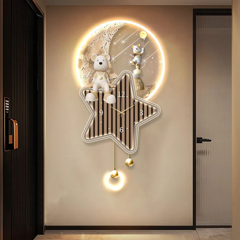 Living Room Home Decor Wall Clock Cream Style Cartoon Bear Design Clock Mural LED Mute Corridor Hanging Painting Quartz Clock