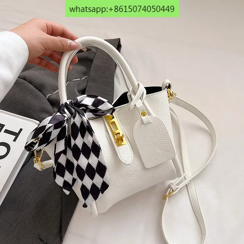 

Fashionable Scarf Handheld Bucket Bag Women's Bag High end Lychee Pattern Single Shoulder Crossbody Simple Mother and Child Bag