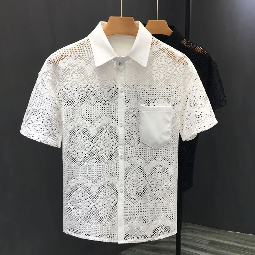 Mens Hollow Sexy Lace Short Sleeve Casual Shirt See-Through 2024 New Genderless Fashion Versatile Youth Trend Retro Shirt Unisex