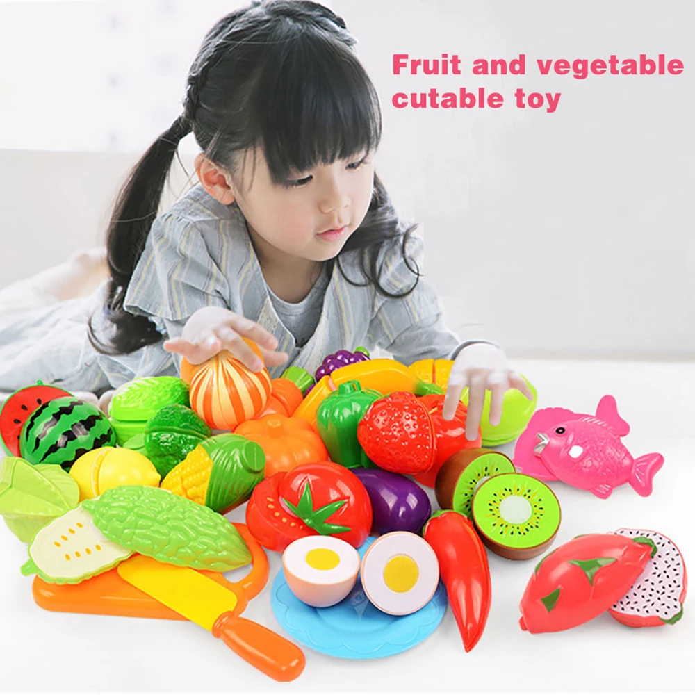 Hot Sale Role Play Educational Gift Baby Toy Pretend Play Food Set Fruits Vegetable Kitchen Playset for Kid's Gift Assembly Game