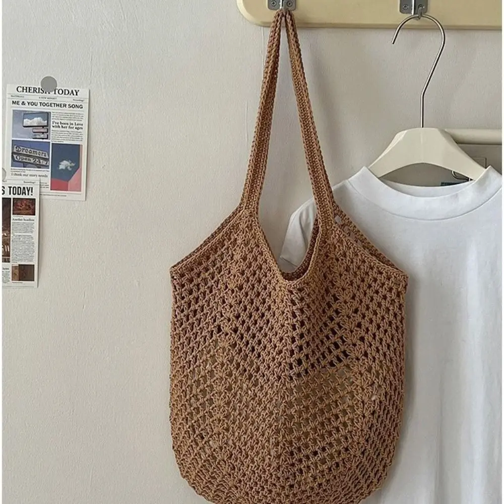 Solid Color Knitting Shoulder Bag Hollow Out Large Capacity Bohemian Crochet Tote Bag Versatile Casual Woven Handbag Women