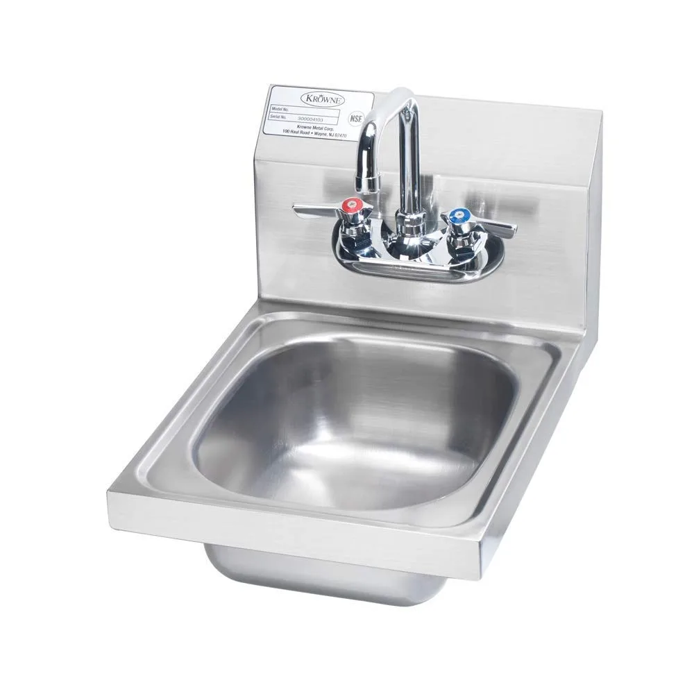 

Krowne Metal HS-9L Compact Wall-Mounted Hand Sink with 9.75 Wide x 11.75 Front-to-Back x 5 Deep Basin and 4 Splash-Mount Goosene
