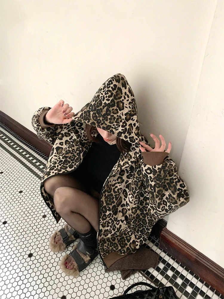 

Retro Sle Leopard Print Jaet Loose Fit Korean Sle Versatile Autumn Winter New Design Cotton Blend Women's Coat