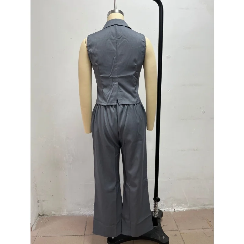 Damen 2-teiliges Outfit, ärmellose Weste mit Revers, hochtaillierte Hose mit weitem Bein, elegantes Büro-Formalanzug-Set, Business-Party-Partnerlook – Detail 11