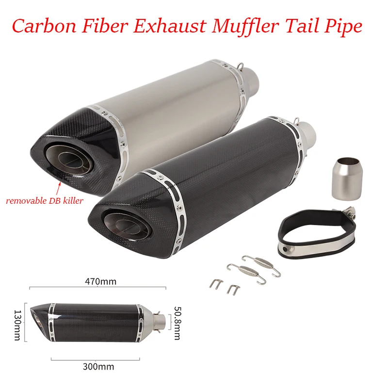 

New Arrival Motorcycle Exhaust Muffler Tail Pipe Real Carbon Fiber 38-51mm Universal Vent Tip With DB Killer 470mm Escape