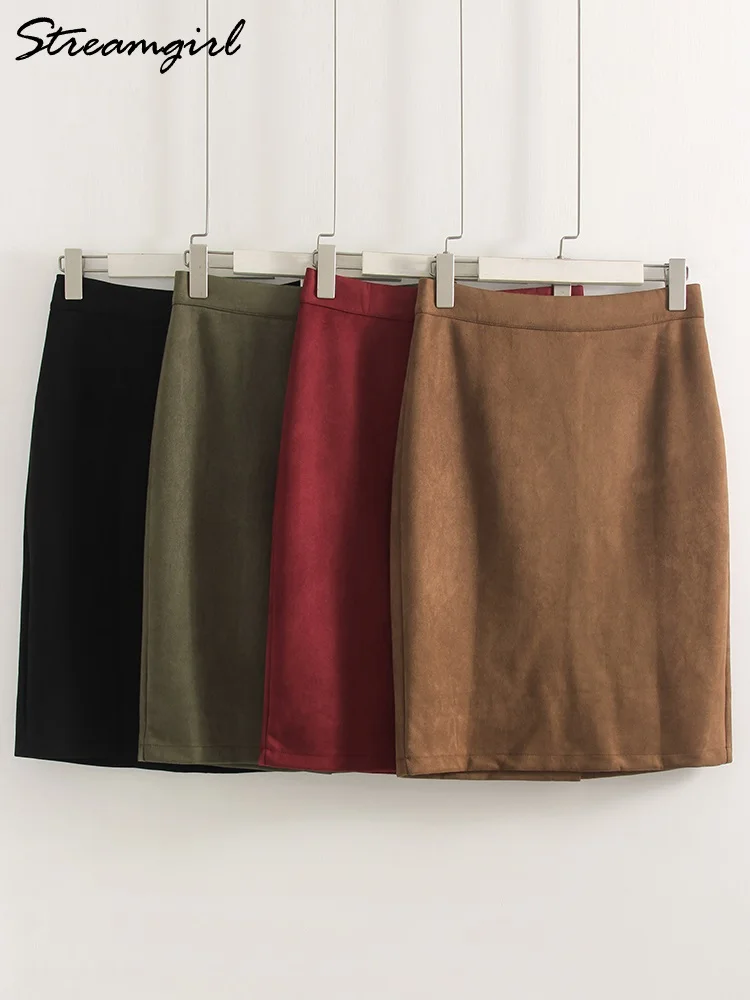 Streamgirl Women Suede Midi Skirt Brown Knee Length Vintage Bodycon Skirt Midi For Ladies Office Wine Red Women's Skirts Autumn