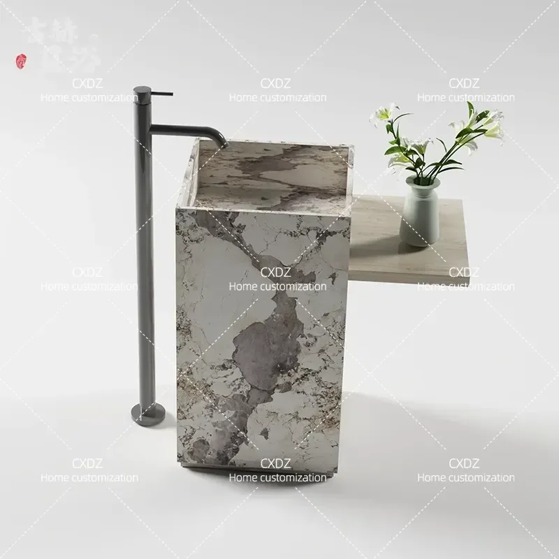 Wabi Sabi Style Light Luxury Rock Slate Pillar Basin Bathroom Cabinet with Hand Washbasin for Hotel Villa Home Decor