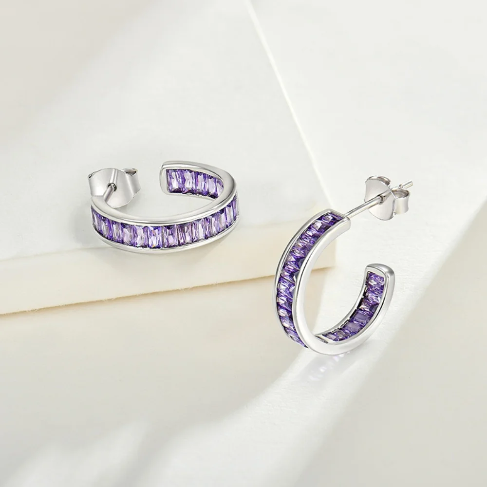 Square Violet Zircon Earring for Women S925 Sterling Silver C Shaped Stud Earrings