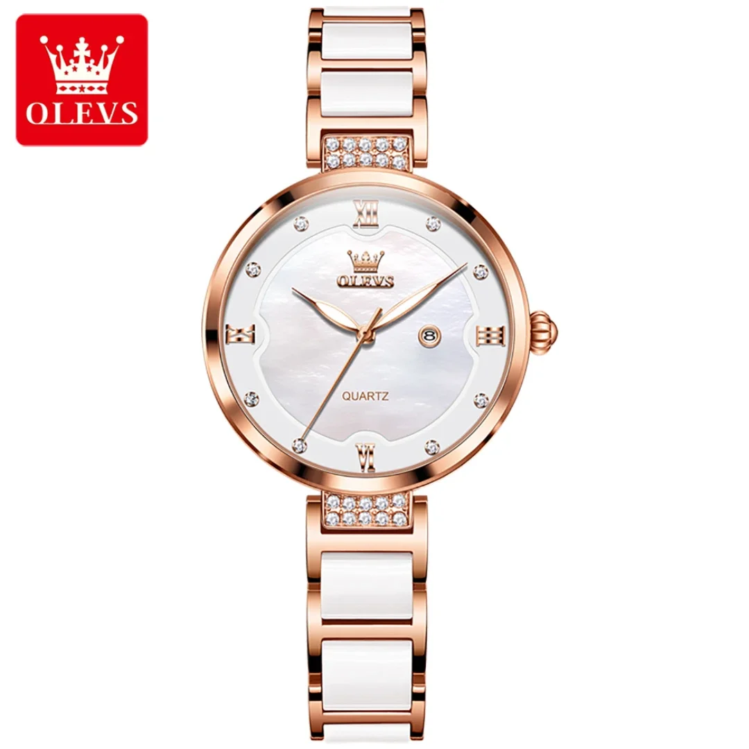 OLEVS 5589 Quartz Fashion Watch Round-dial Ceramic Watchband Calendar