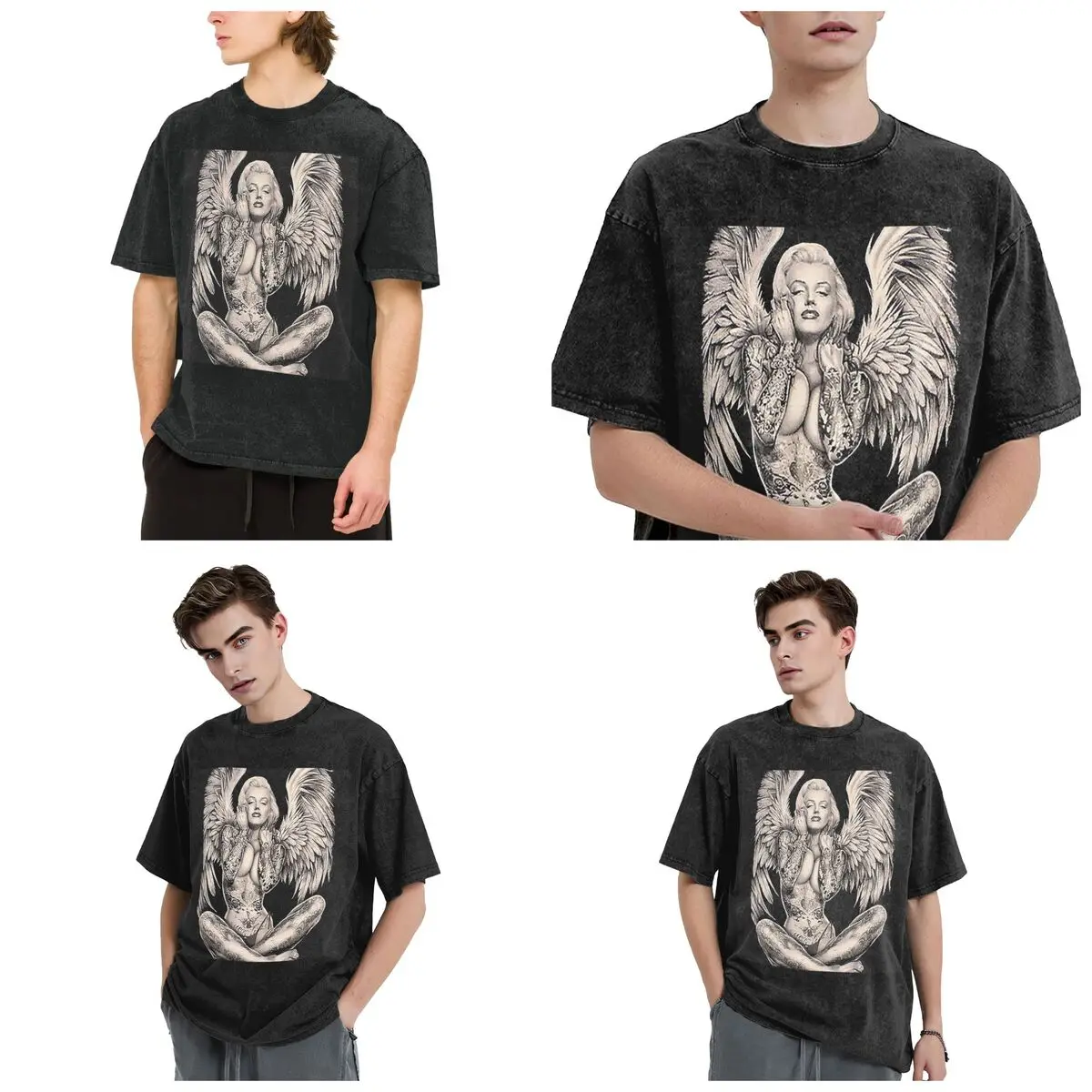 الشارع الشهير تي شيرت مارلين خمر مجردة الوشم الملاك غسلها تي شيرت قصير الأكمام الهيب هوب قمم تي شيرت تيز للرجال والنساء
