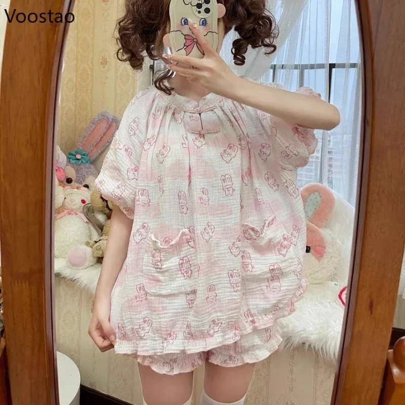 Kawaii Lolita Style Bunny Print Pajamas Set Girly Cute Short Sleeve Tops Shorts Suit Women Casual Princess Homewear Pijam UN8000