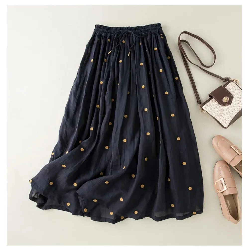 

New Summer Korean Vintage Dot Casual Womens Elastic Waist Skirts Pleated Fashion Skirt Skirt Female Clothing Vintage Long Skirt
