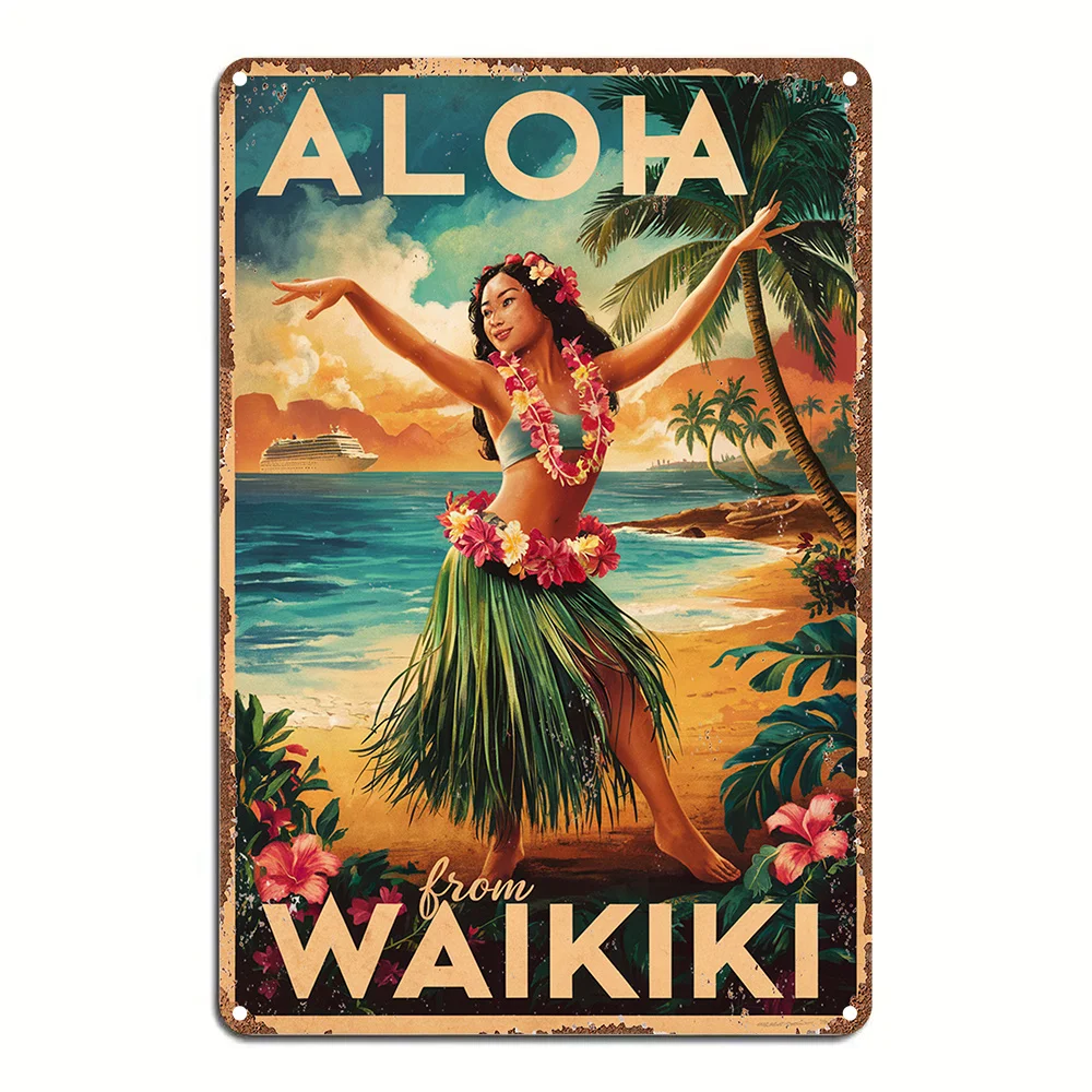 1 قطعة ألوها من وايكيكي خمر معدن القصدير تسجيل ، الألومنيوم جدار ديكور فني للحديقة ، غرفة نوم ، المرآب ، زينة عيد الميلاد