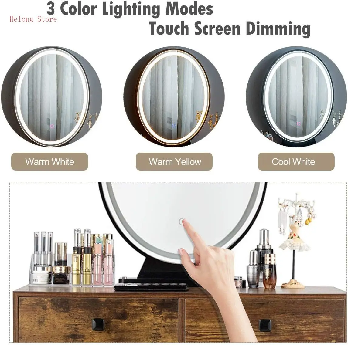 

Makeup Vanity Table with Lighted Mirror, 3 Lighting Sets, Adjustable Brightness, 2 Large Drawers, Acrylic Storage Boxes