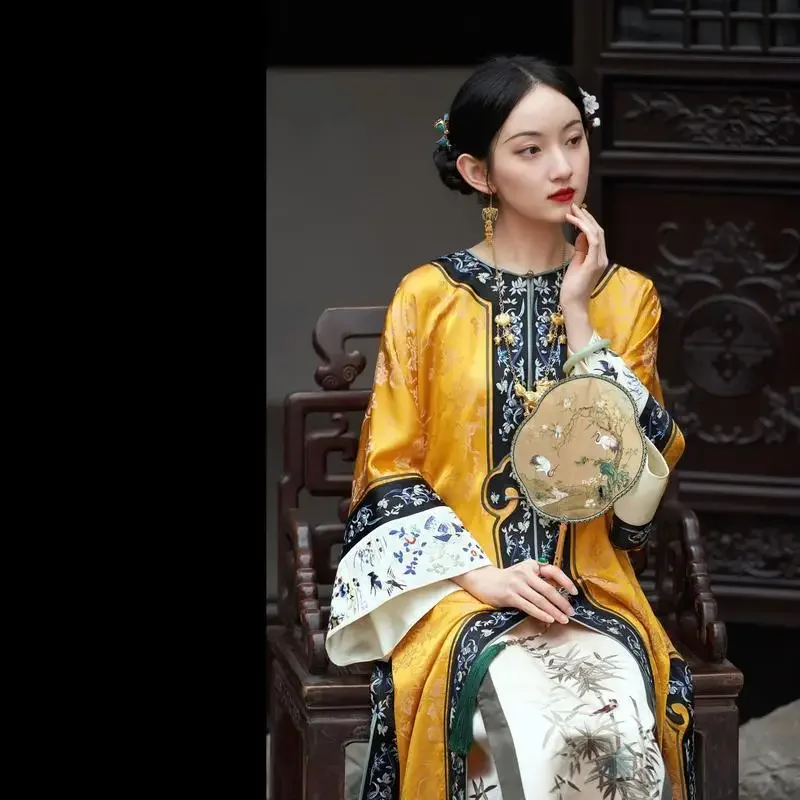 Printing Yellow Long Qipao LateQing Dynasty Heavy Industry Satin Jacquard Cloak Traditional Robe Retro Oriental Cheongsam Summer