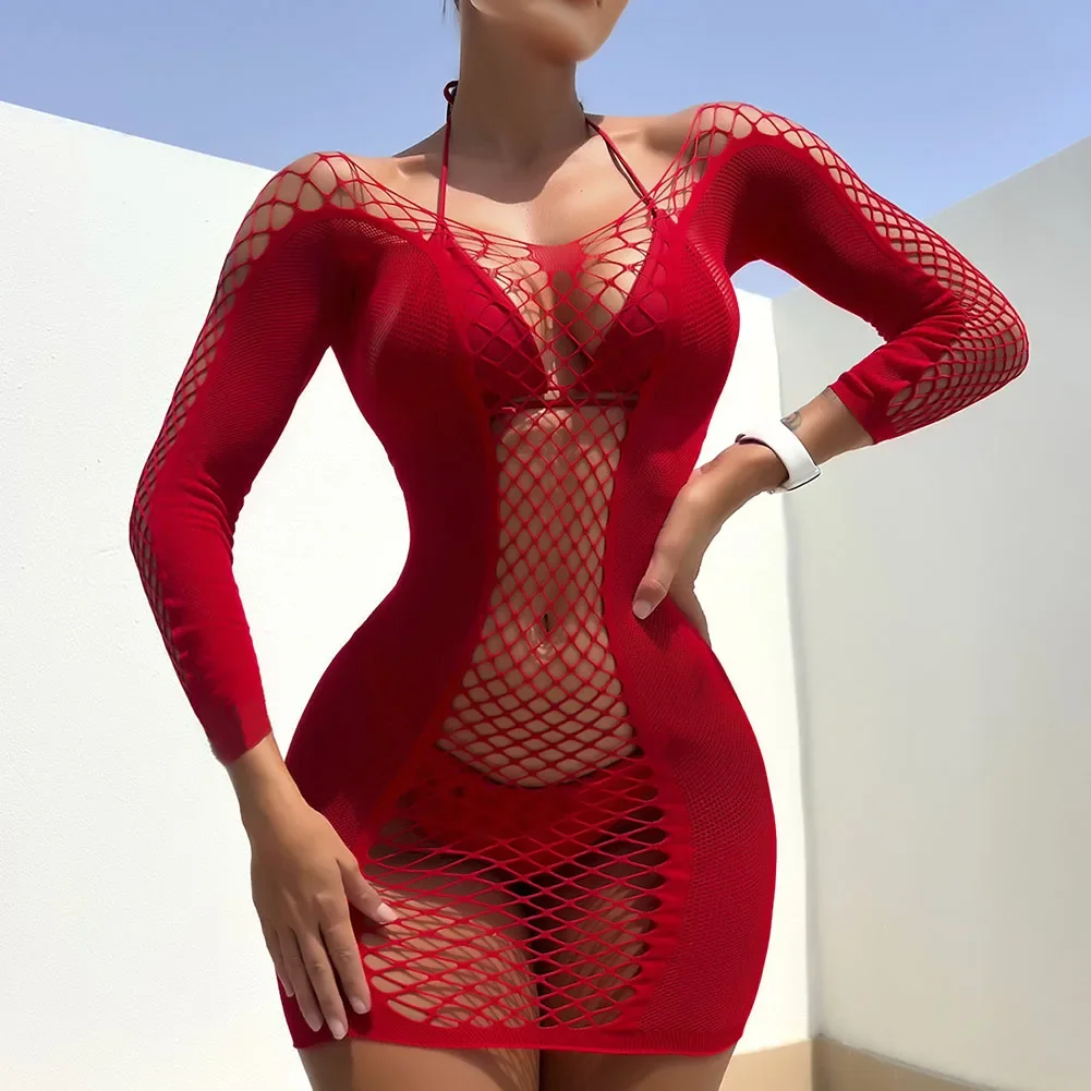 Sexy Women Elastic Lingerie Bodystocking Fishnet Hollow Dress Bodysuit Nightwear Bikini Cover Up Night Club Fantasy Erotic Wear