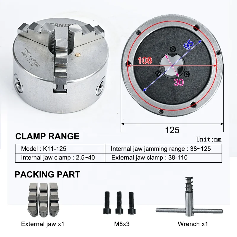 Lathe Chuck 125mm SANOU 3 Jaw Self-Centering Chuck K11-125 Precision Manual metal Lathe Chuck For Mini Lathe WM210V