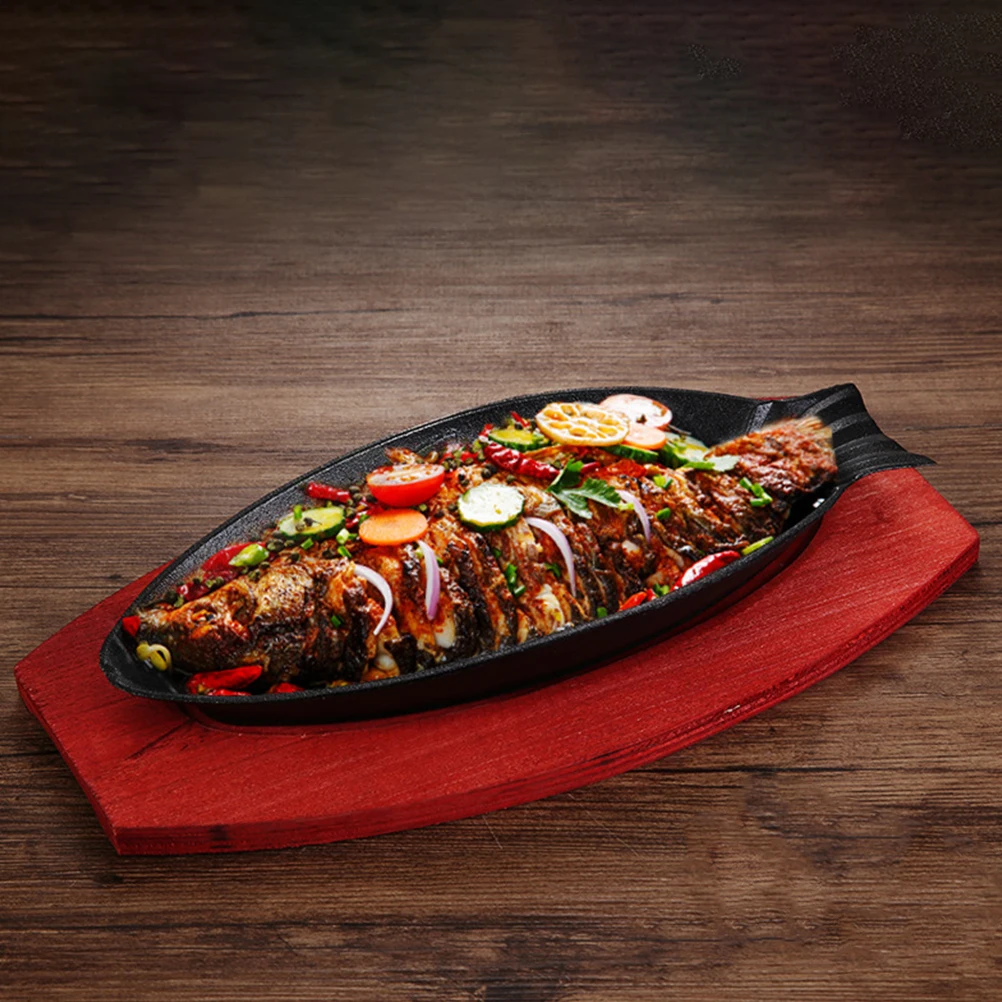 

Iron Plate Roasting Fry Pan Baseplate Wooden Non-Stick Smooth Surface Reusable Cooking Pan for Home Bbq Fish Serving