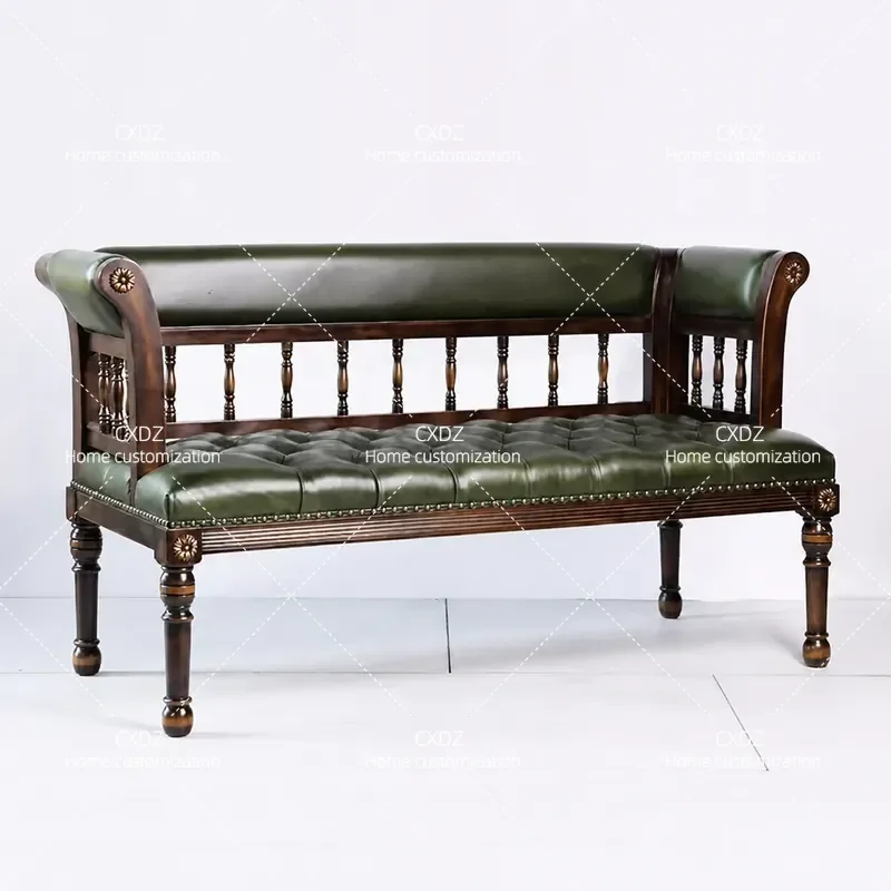 Solid Wood Sofa Leisure Chair Retro Style Double Seat Carved Bedside Stool Balcony Recliner for Living Room Bedroom Furniture